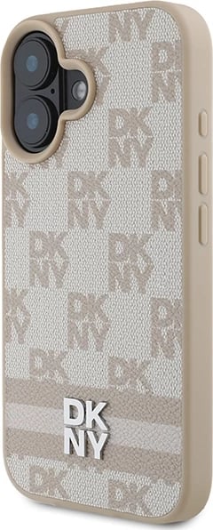 Mbështjellës DKNY për iPhone 16, Checkered Pattern & Printed Stripes, Rozë