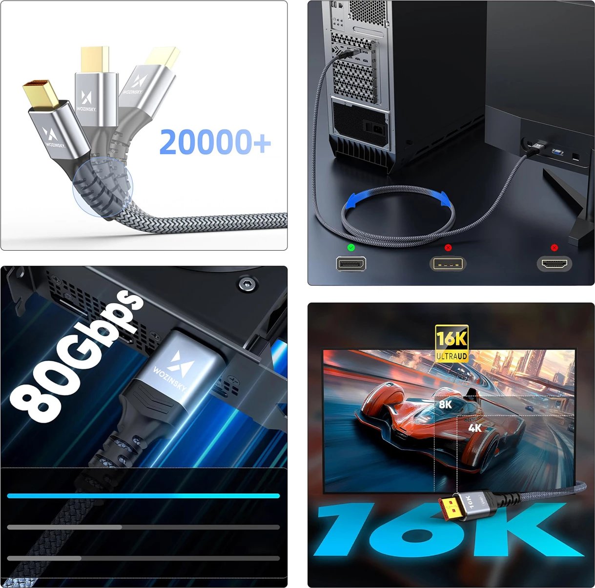 Kabllo DisplayPort 2.1, Wozinsky, WPS-16AYL2S, 80 Gb/s, 16K@60Hz, 2 m, gri