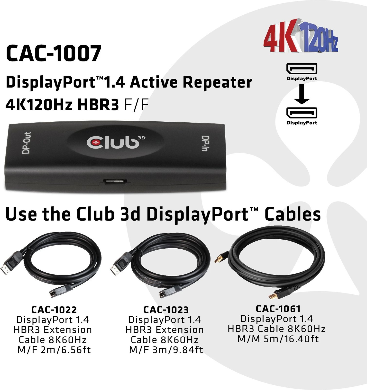 Përsëritës DisplayPort Club3D 1.4, aktiv, Bu/Bu, i zi