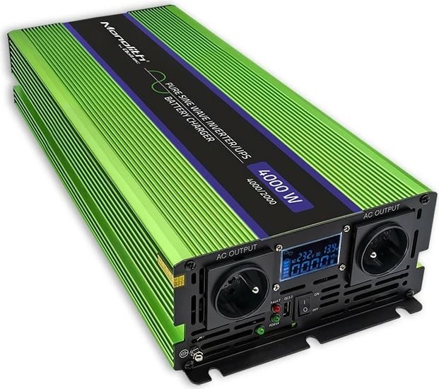 Konvertues voltazhi Qoltec Monolith 51943, 2000W/4000W, 12V në 230V, Pure Sinus, LCD, Jeshile