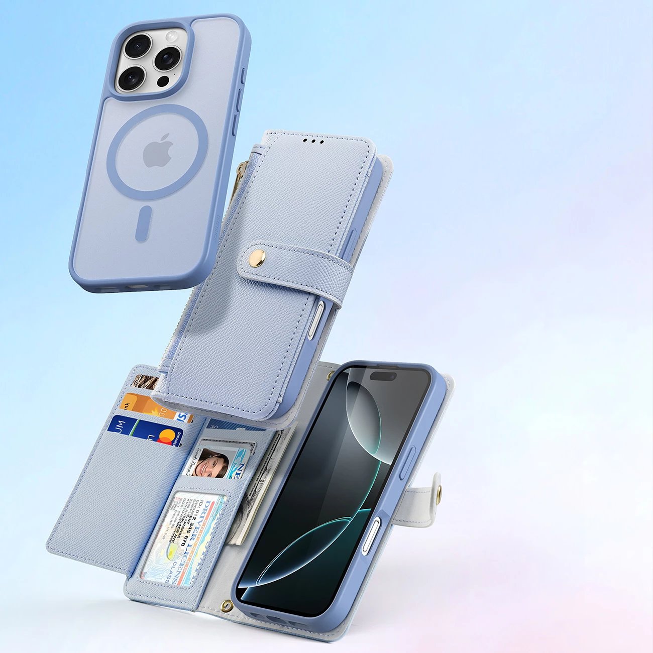 Mbështjellës Dux Ducis Lawa për iPhone 16 Pro, lëkurë, me portofol magnetik të ndashëm, kaltër