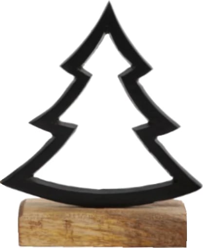 Dekor pemë Krishtlindjesh, alumin i zi, dru mango natyral, 15x5x18cm