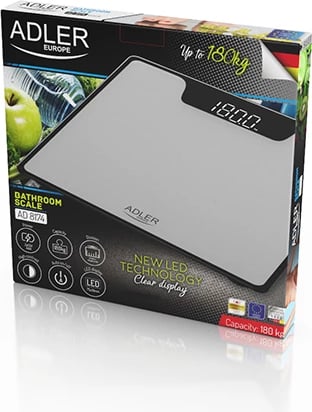 Peshore banjoje, Adler AD 8174, kapacitet 180 kg, ekran LED, xham i temperuar 6 mm, 30x30 cm, argjendtë