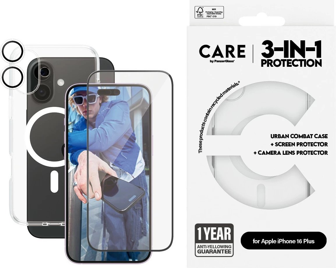 Mbështjellës PanzerGlass për iPhone 16 Plus, set 3-në-1, transparent