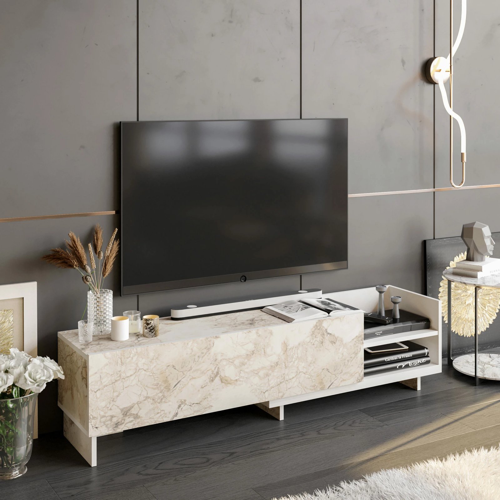 Komodë TV Parion, e bardhë, Hanah Home