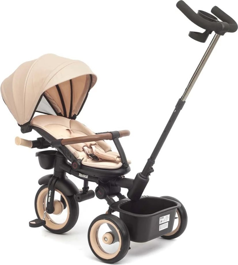 Tricikletë fëmijësh me dritë Milly Mally Twinkle, sedile rrotulluese 180°, timon prindëror i rregullueshëm, rrota shkumë, kapacitet 25 kg, me çati dhe kosha, bezhë