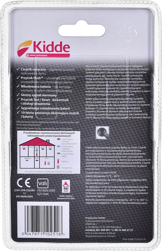 Detektor tymi Kidde 10Y29A, me bateri litium, i bardhë