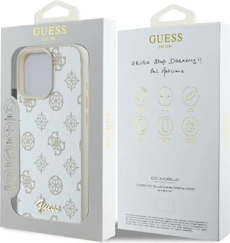 Mbështjellës Guess Peony Script Logo MagSafe për iPhone 16 Pro, Bardhë