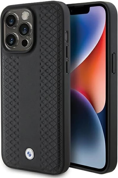 Mbështjellës BMW Leather Diamond Pattern për iPhone 15 Pro Max, i zi