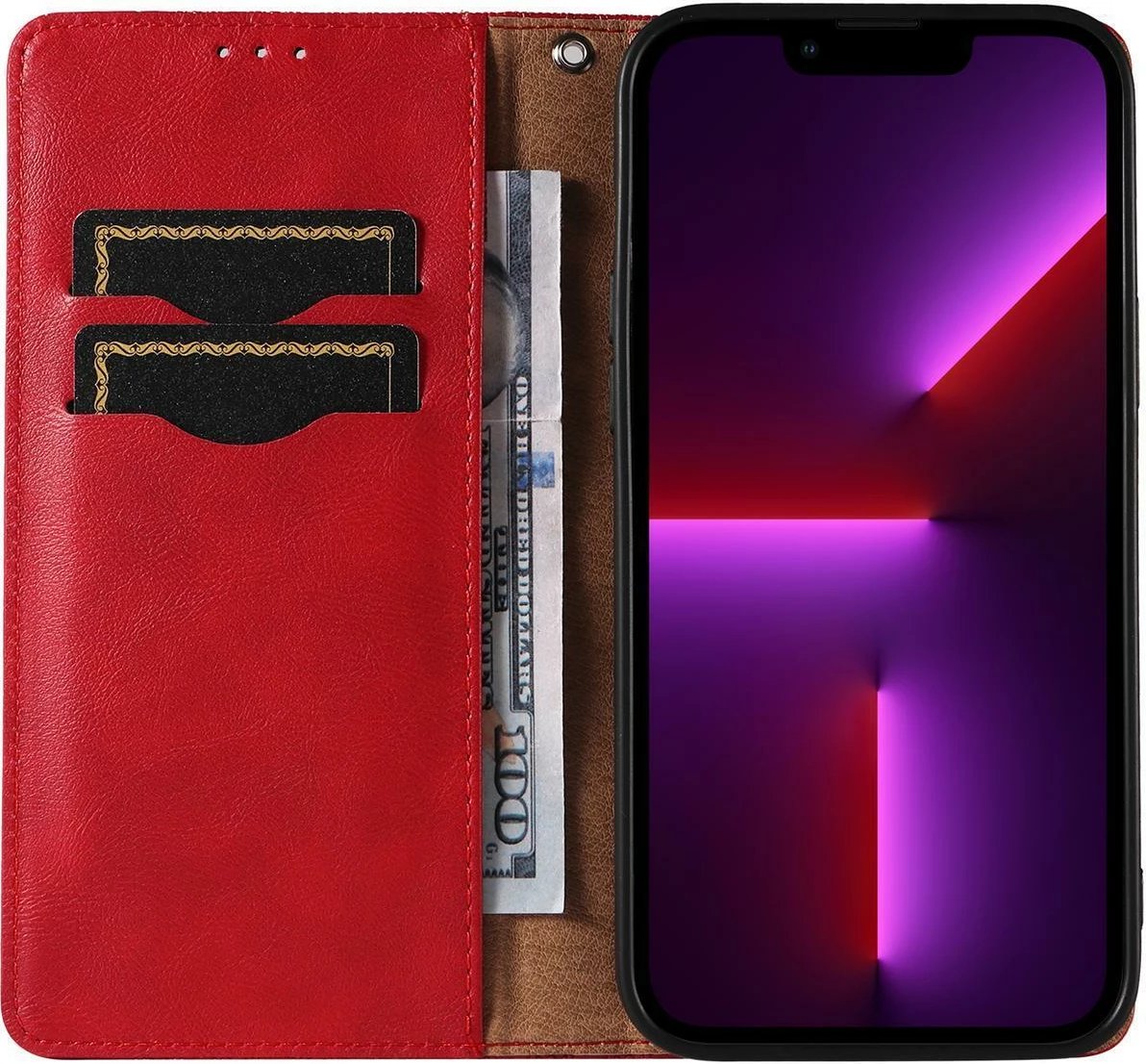 Mbështjellës Hurtel Magnet Strap Case për iPhone 14, me kapak, portofol, qëndrim dhe rrip, Kuq