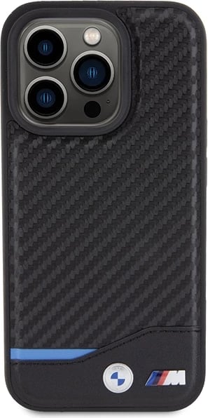 Mbështjellës BMW Leather Carbon MagSafe për iPhone 15 Pro, i zi