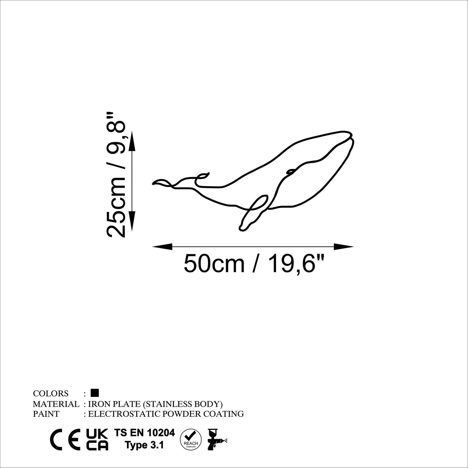 Aksesor dekorativ metalik për mur, balenë, Wallity, M