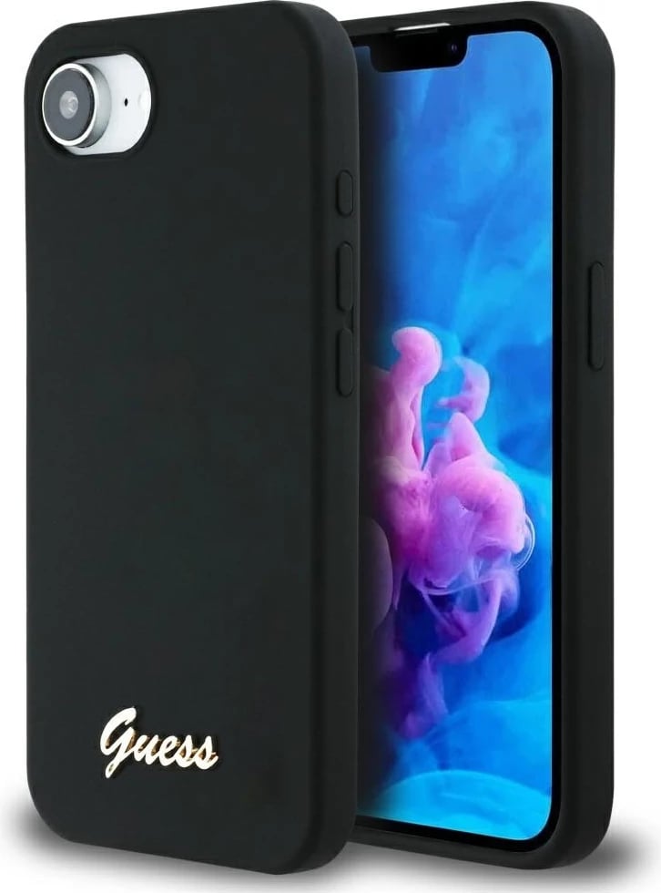 Mbështjellës Guess Silicone Script Metal Logo MagSafe për iPhone 16e, i zi