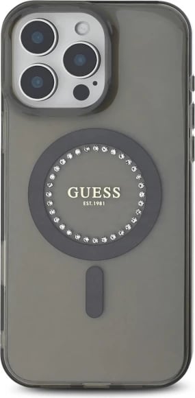 Mbështjellës Guess IML Rhinestones MagSafe për iPhone 16 Pro Max, Zi