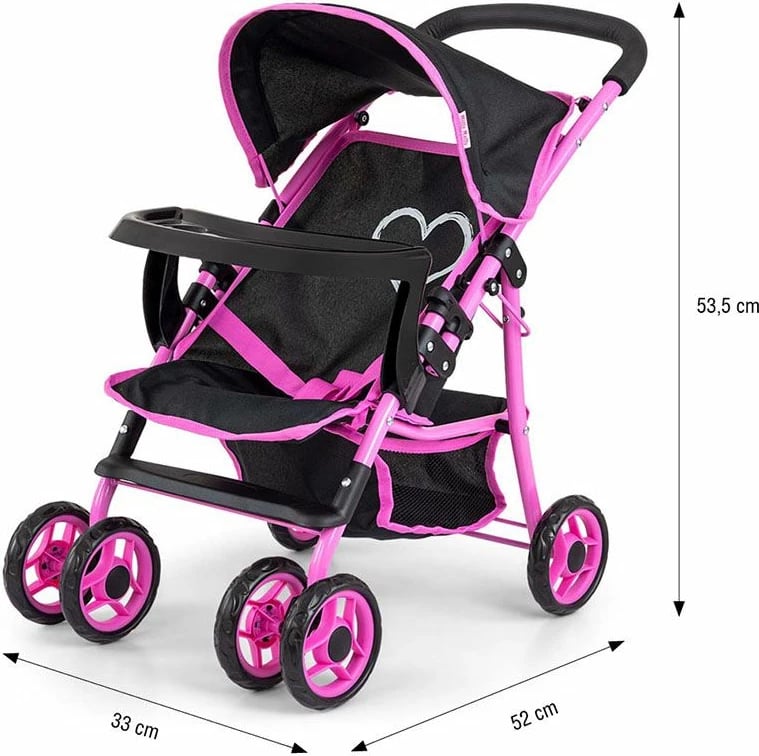 Karrocë lodër për kukulla, Milly Mally, Kate Prestige, për kukulla deri 50 cm, me tendë palosëse, tabaka ushqimi dhe rrota rrotulluese, e zezë