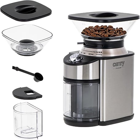 Mulli kafeje me burr konik, Camry CR 4443, 200 W, 16 nivele bluarjeje, kontejner 230 g, çelik inox, argjend/zi Mulli kafeje me burr konik, Camry CR 4443, 200 W, 16 nivele bluarjeje, kontejner 230 g, çelik inox, argjend/zi