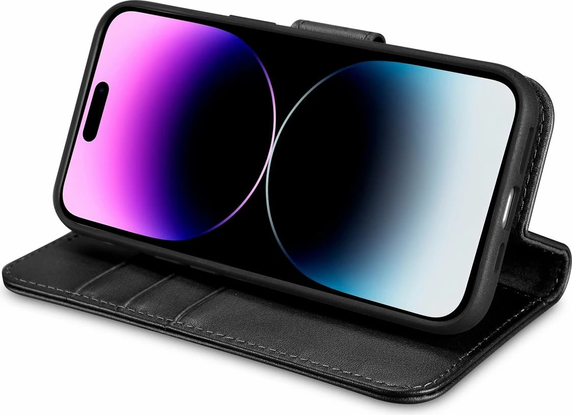 Mbështjellës iCarer Wallet Case 2in1 për iPhone 14 Pro, lëkurë natyrale, Anti-RFID, e zezë