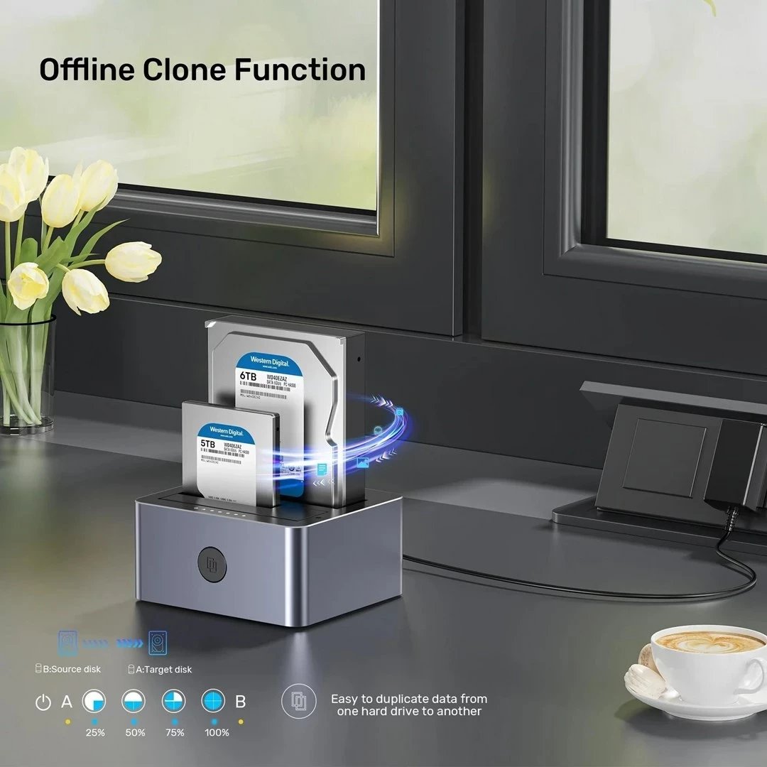 Stacion klonimi UNITEK, 2x SATA 2.5"/3.5", USB 5GB, Gri