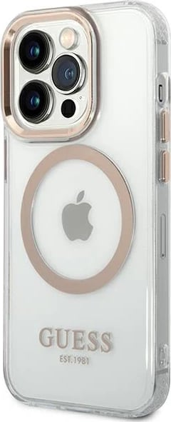 Mbështjellës Guess Metal Outline Magsafe për iPhone 14 Pro Max 6.7", Transparent/Gold