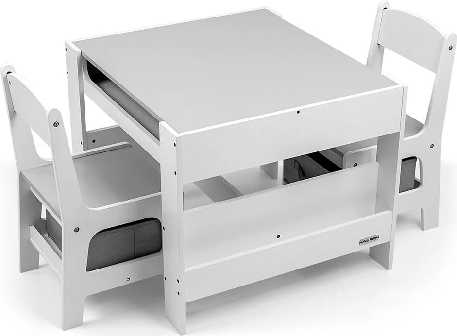 Set mobilje për fëmijë, Milly Mally Sven, tavolinë + 2 karrige, me depozitim dhe dërrasë për shkumës, e bardhë, set 3 pjesë