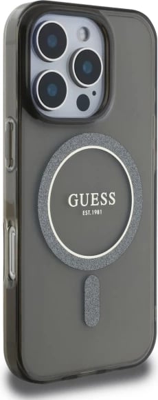 Mbështjellës Guess IML Glitter Circle MagSafe për iPhone 16 Pro Max, i zi