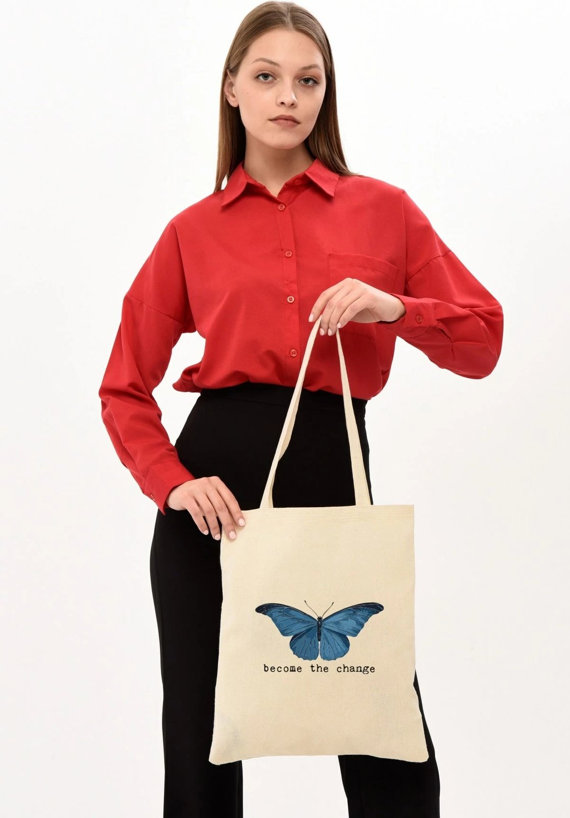 Torbë Tote Zoozie Bags, ngjyrë krem, 35x40cm, flutur blu