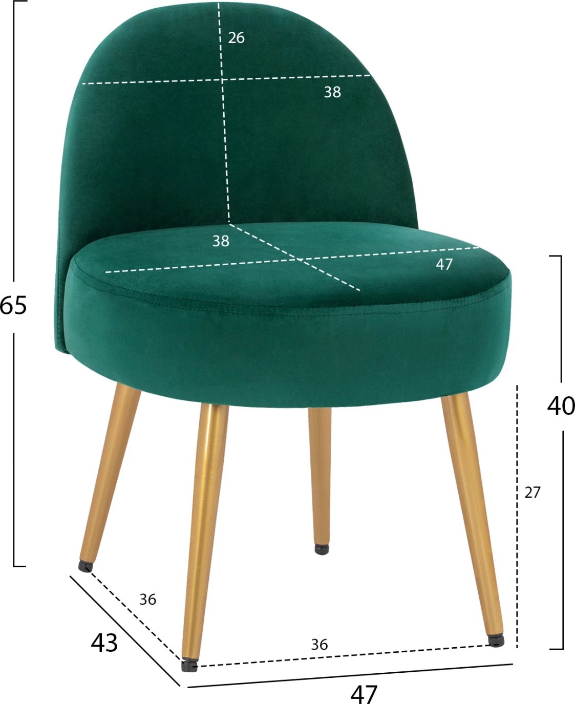 Karrige për bar Yasmine, kadife jeshile, këmbë ari, FH8395.13, 47x43x65 cm