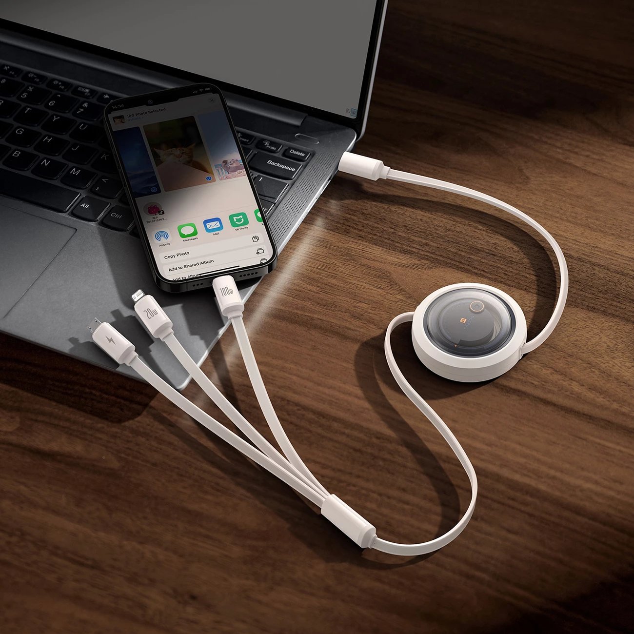 Kabllo tërheqëse Baseus Free2Draw CB000084, 1.1m, USB-C/Lightning/micro USB, 100W, Bardhë