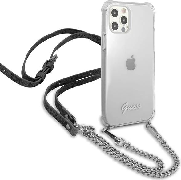Mbështjellës Guess GUHCP12LKC4GSSI për iPhone 12 Pro Max 6.7", transparent, me zinxhir argjendi