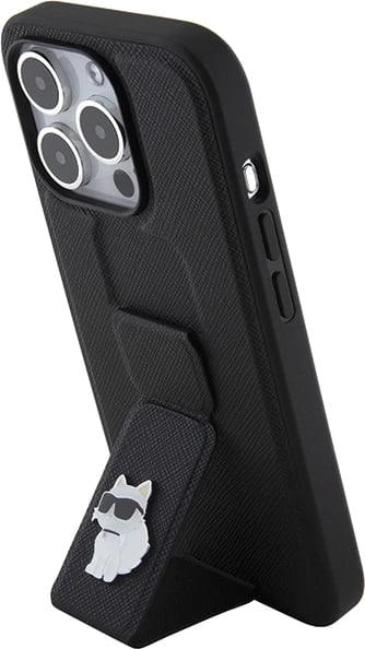 Mbështjellës Karl Lagerfeld Gripstand Saffiano Choupette Pins për iPhone 15 Pro Max, i zi