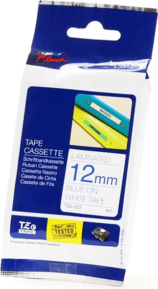Kasetë shirit etiketash, Brother TZe-233, 12 mm 8 m, i laminuar, blu në të bardhë