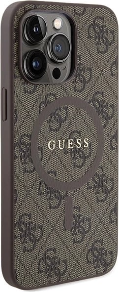 Mbështjellës Guess 4G Collection Leather Metal Logo MagSafe për iPhone 14 Pro Max, Kafe
