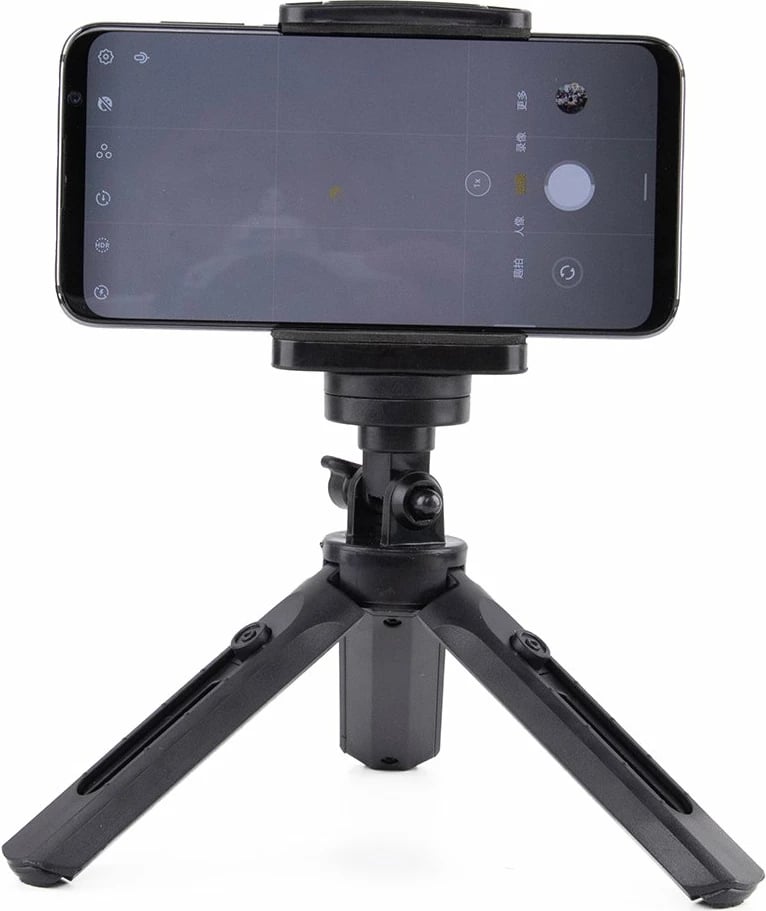 Mini tripod/selfie stick Hurtel 16-21 cm, për celular/GoPro, kllapë 55-90 mm, rrotullim 360°, i zi