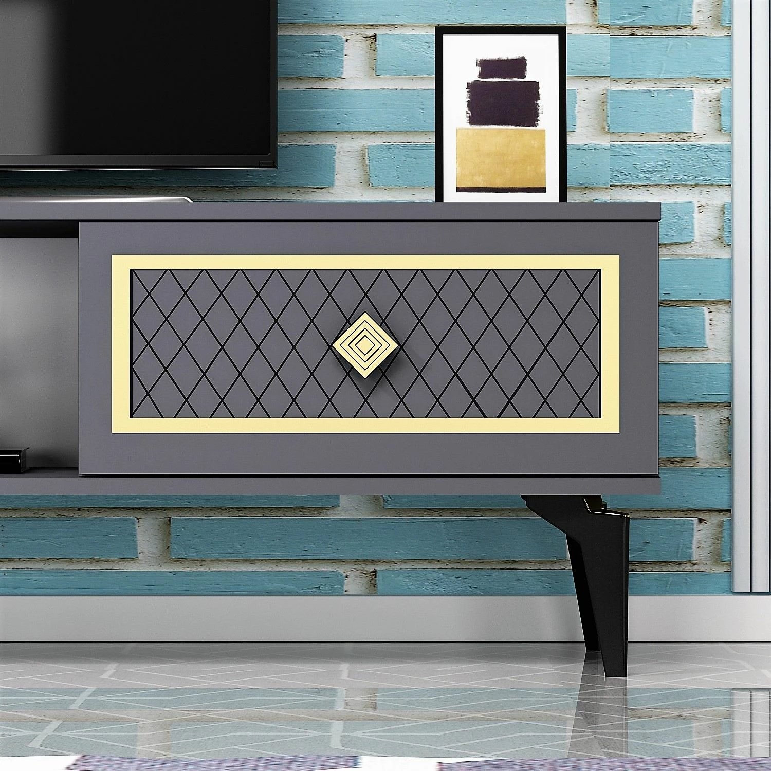 Komodë TV Skye Decor, ngjyrë antracit, detaje ari