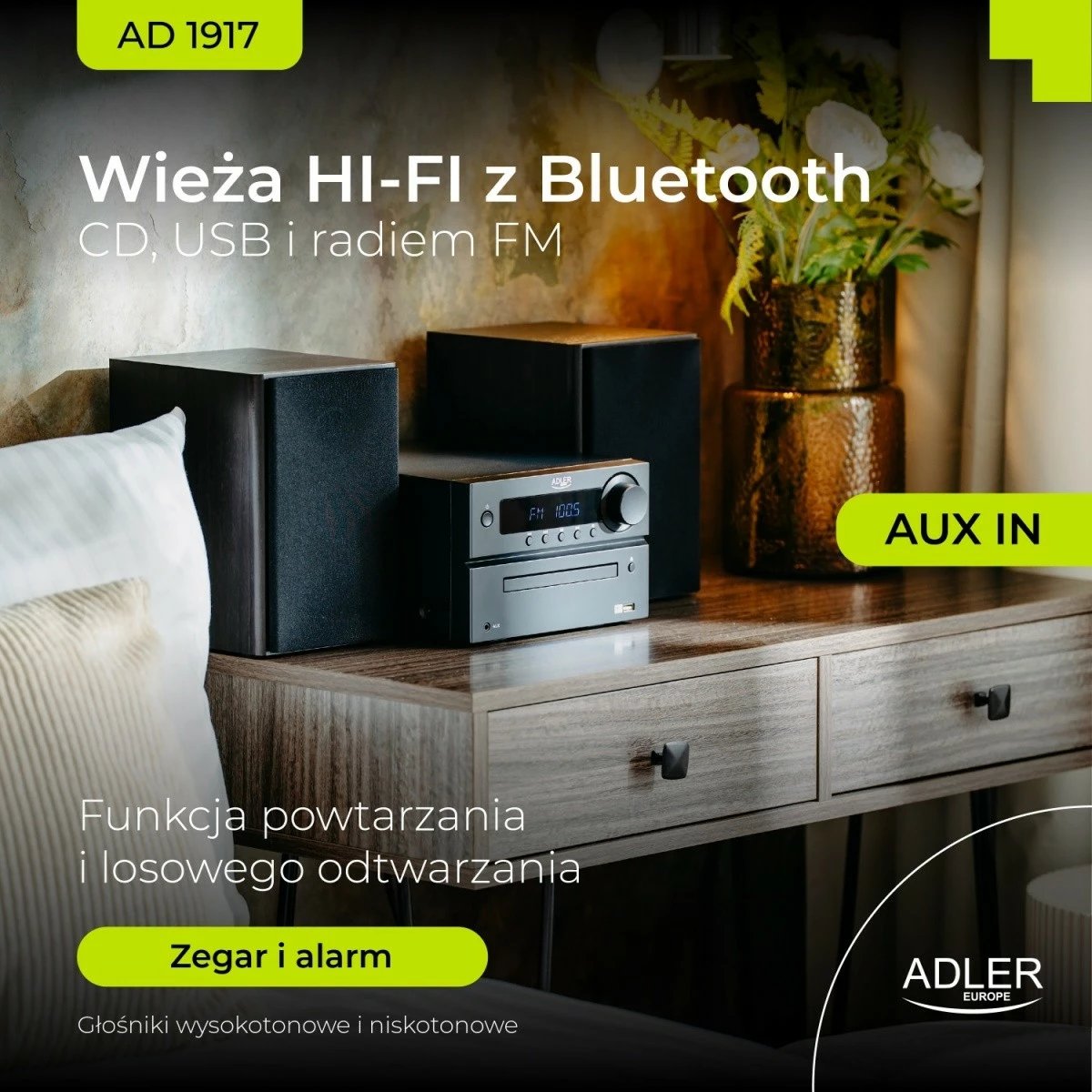 Mini sistem Hi-Fi, Adler, AD1917, CD, Bluetooth 5.3, HDMI ARC, FM, 2.0 50W, e zezë