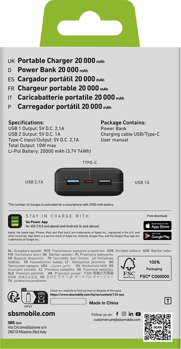 Power bank SBS 20,000 mAh, 2 USB, e zezë