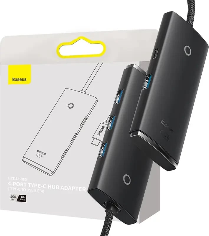 Kasë Baseus Lite Series HUB 4-në-1, USB-C në 4x USB 3.0 + USB-C, 1m, e zezë