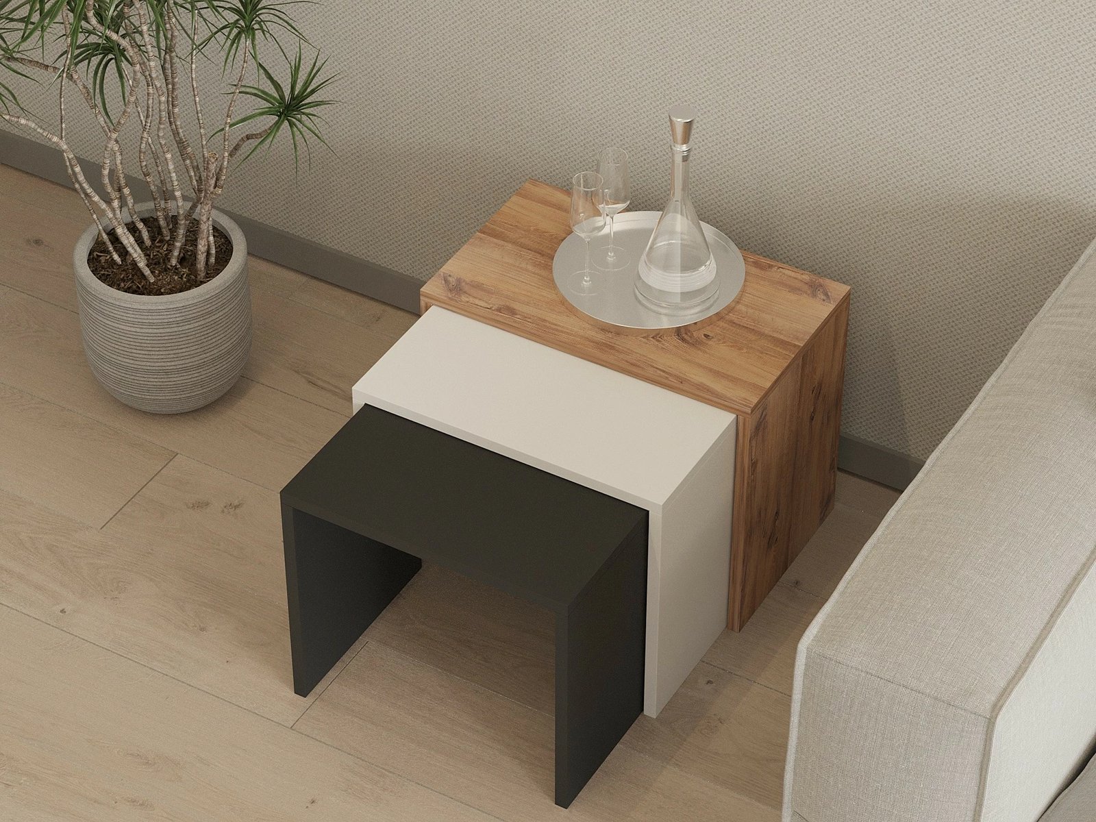 Set tavolinash ndihmëse Hanah Home, 3 copë, ngjyrë antracit, lis, e bardhë