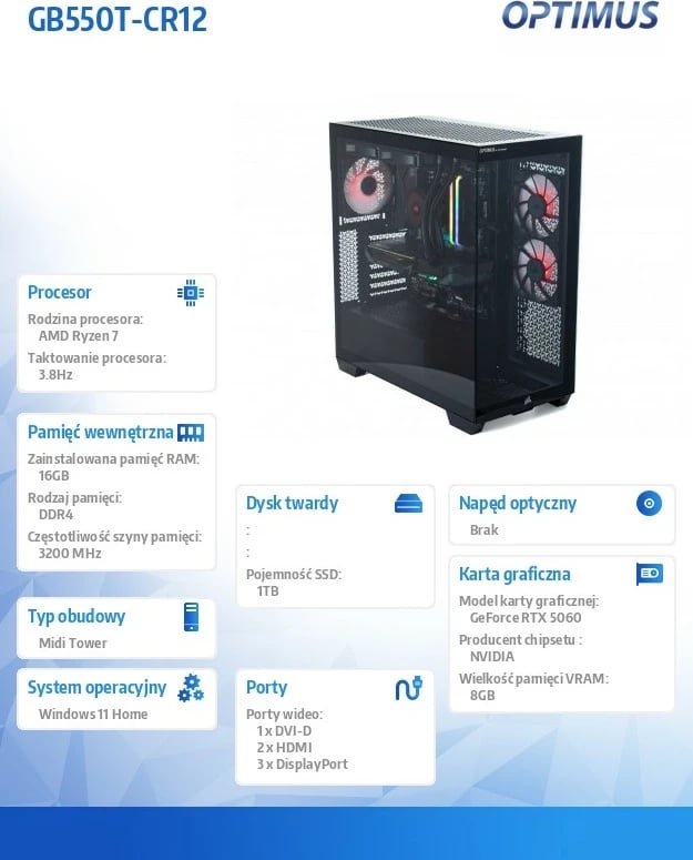 Kompjuter gaming OPTIMUS GB550T-CR12 Ryzen 7 5800X, 16GB RAM, 1TB SSD, GeForce RTX 5060 OC 8GB, Windows 11 Home, zi