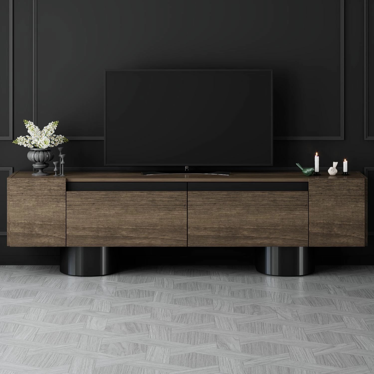 Komodë TV Skye Decor, bohem, ngjyrë arre dhe e zezë