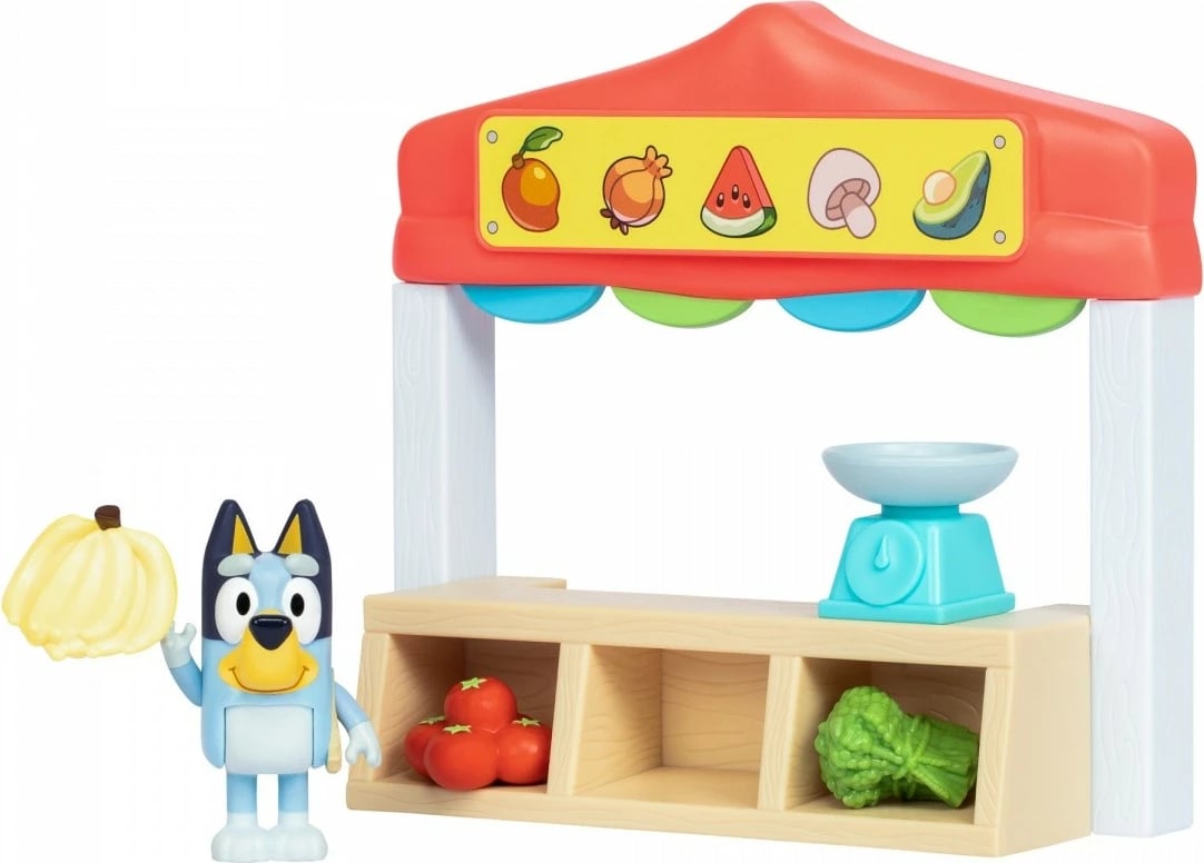 Set figurina Bluey Mini, Tm Toys BLU17555, me stendë tregu dhe aksesorë, shumëngjyrësh
