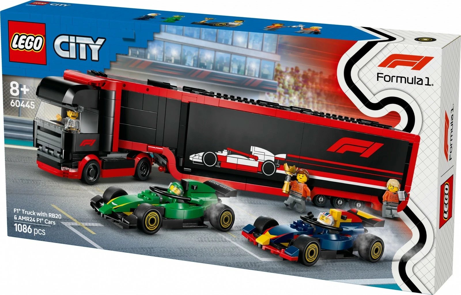 Set LEGO City 60445, F1 Truck me RB20 dhe AMR24 F1 Cars, 1086 pjesë