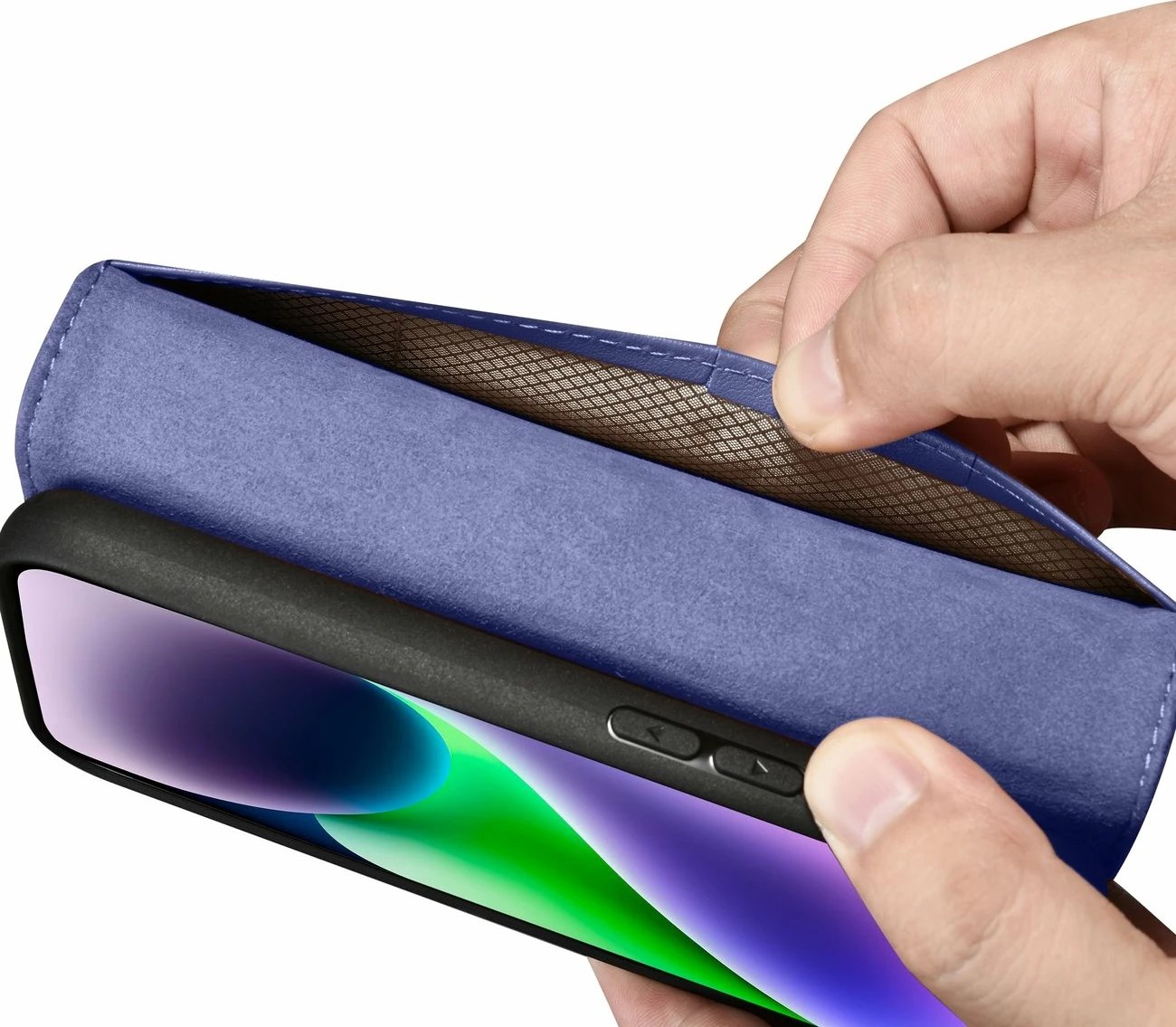 Mbështjellës iCarer Wallet Case 2in1 për iPhone 14, lëkurë natyrale, Anti-RFID, Vjollcë e çelët