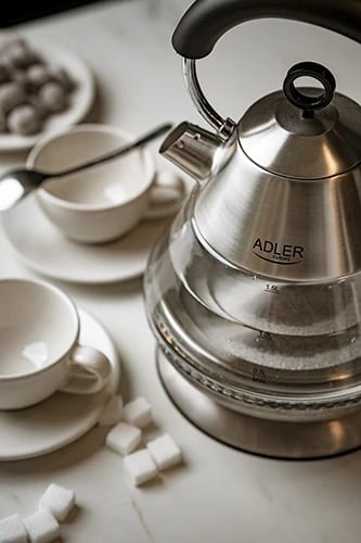 Zierëse uji elektrike, Adler AD 1282, 1.5L, 1850–2200W, STRIX, LED blu, bazë 360°, qelq/çelik, inox