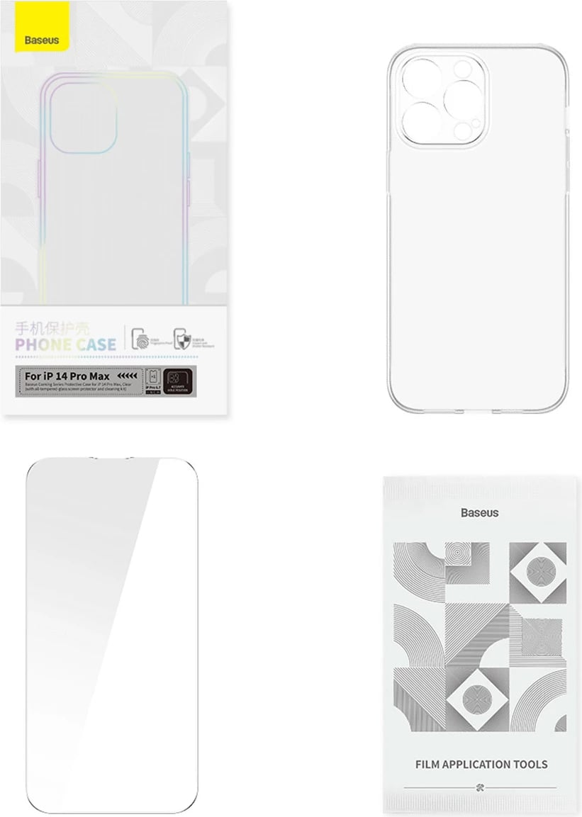 Mbështjellës Baseus Corning Case për iPhone 14 Pro Max me xham të temperuar, Transparent