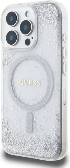 Mbështjellës Guess Resin Gradient Glitter MagSafe për iPhone 16 Pro, argjendtë