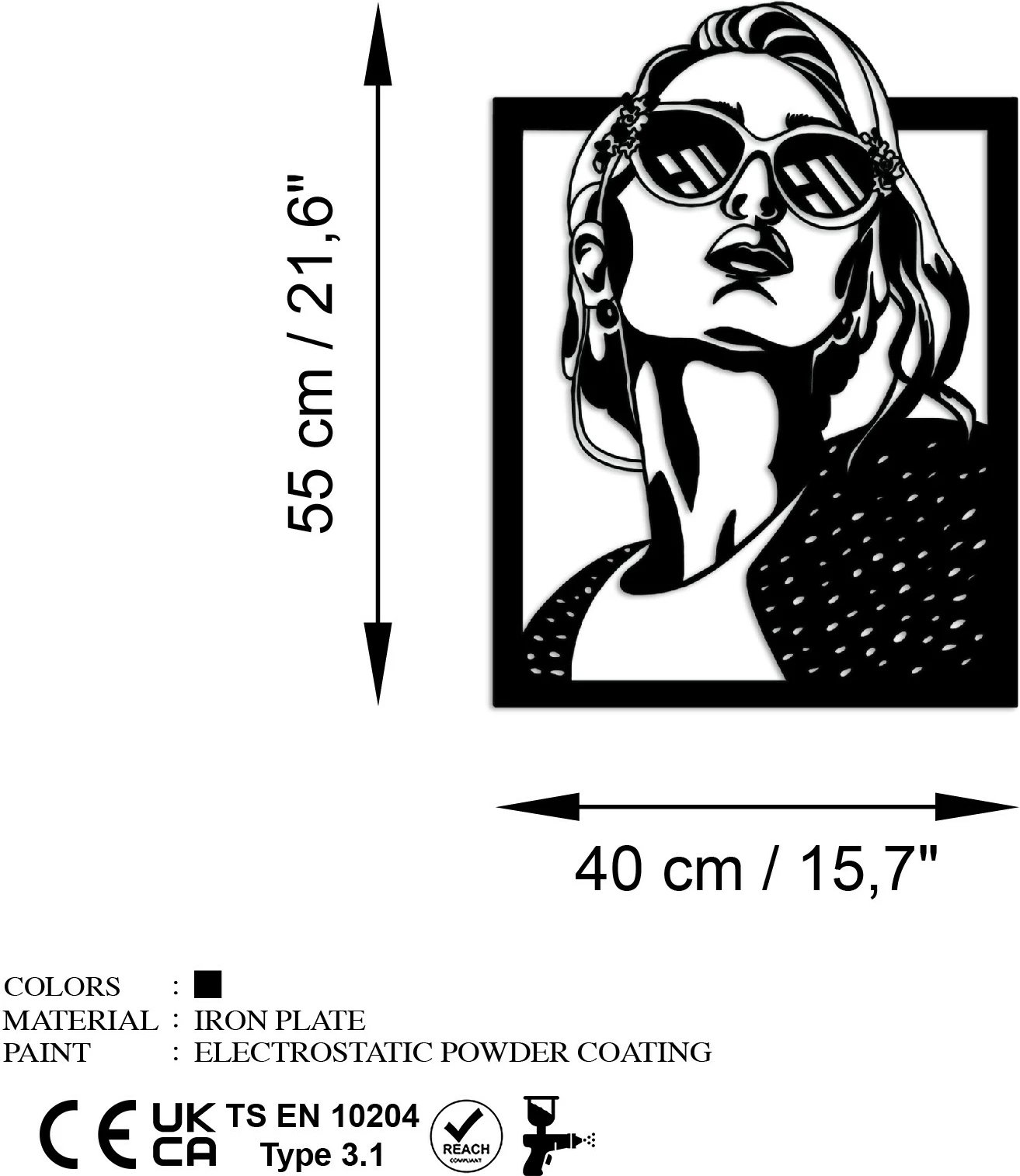 Aksesor dekorativ metalik për mur Wallity, July, ngjyrë e zezë, 55x40cm