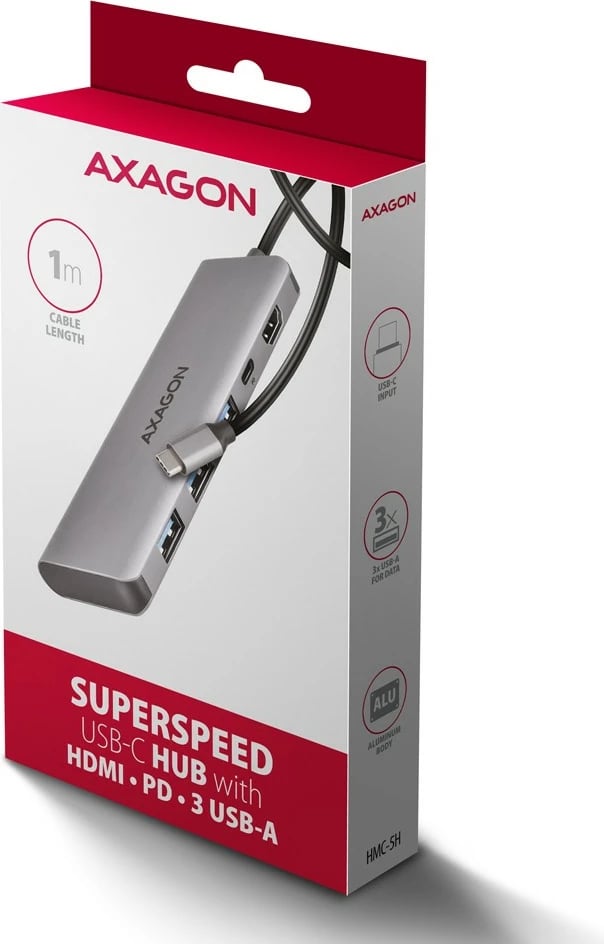 Hub USB-C AXAGON HMC-5H 5-në-1, 3x USB-A, HDMI 4K, Power Delivery 100W, 100cm, Gri