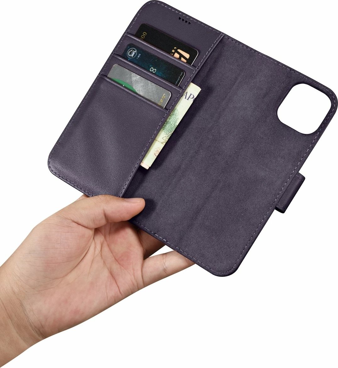 Mbështjellës iCarer Wallet Case 2in1 për iPhone 14 Plus, lëkurë natyrale, Anti-RFID, Vjollcë e errët