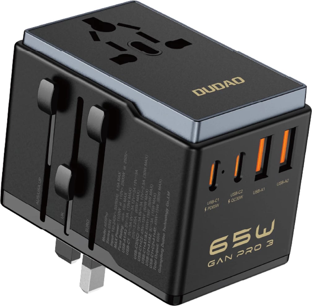 Adapter udhëtimi Dudao A65Pro, 65W, 2x USB-C, 2x USB-A, i zi